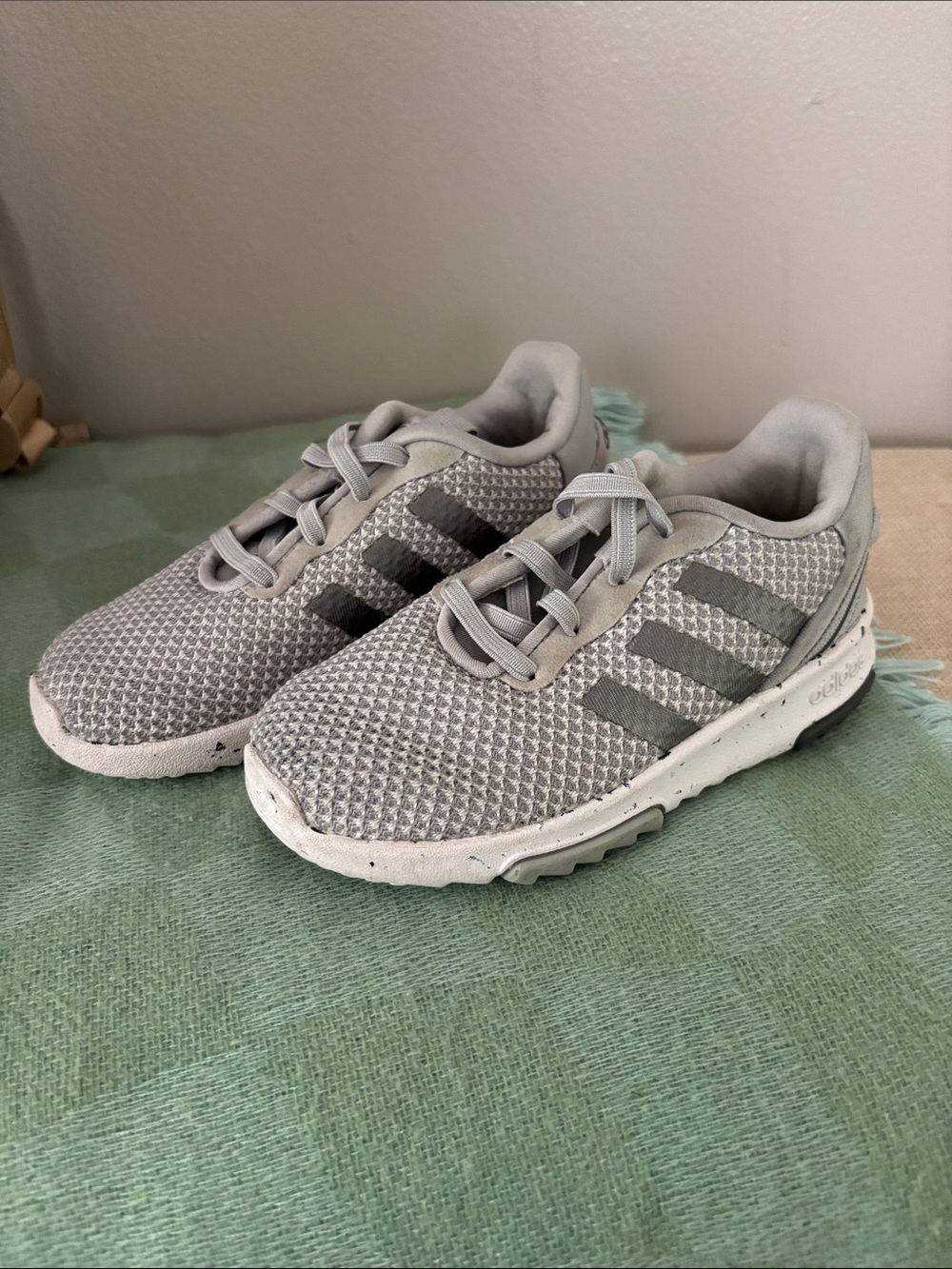 adidas Kids Light Gray Mesh Sneakers with Charcoal Stripes